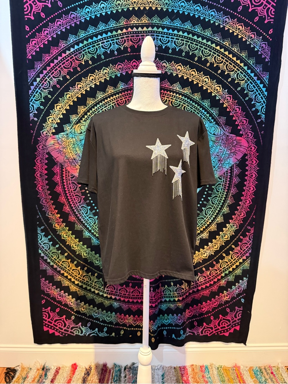 She + Sky Black Tee with Silver Star Fringe Appliqués